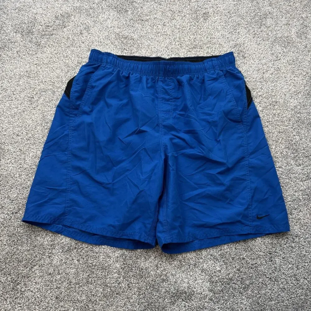 Nike Swim Shorts Mens XL Blue Black Mesh Lined Elastic Waist Drawstring Pockets